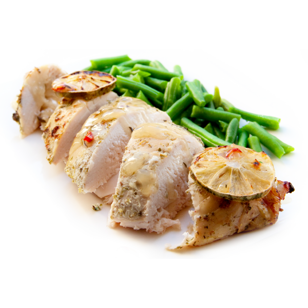 Cooked chicken and green beans on a white background